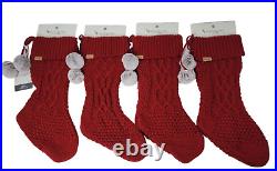 Set of 4 Koolaburra by UGG Home ELISTA Dark Red KNIT Christmas Stocking Pom Pom