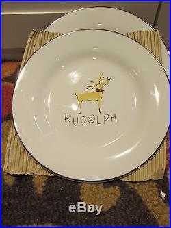 Set of 4 Pottery Barn RUDOLPH 11 Reindeer Dinner Plate Christmas Holiday MINT