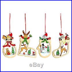 Set of 4 Wooden Traditional Christmas Tree Hanging Decorations