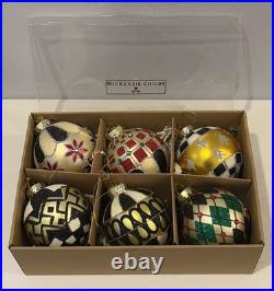 Set of 6 MacKenzie-Childs Every Time A Bell Rings Glass Ball Ornaments with Box