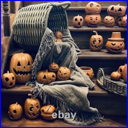 Set of 6 Terra Cotta Jack-o'-Lantern Pumpkin Halloween Decoration Pottery Clay
