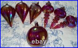 Set of 7 Iridescent Ruby Red Blown Glass Christmas Ornaments LOT