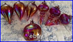 Set of 7 Iridescent Ruby Red Blown Glass Christmas Ornaments LOT