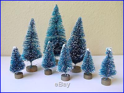 Set of 8 Mini Green Sisal Bottle Brush CHRISTMAS TREES ~ Snow Frost Village Putz