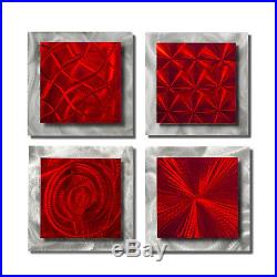 Set of Four Modern Abstract Metal Wall Art Accents by Jon Allen 4 Squares Red
