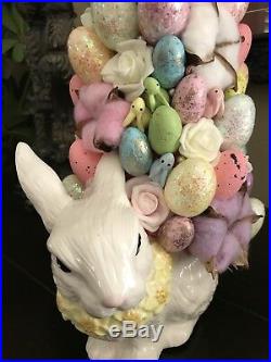 Shabby Chic Ceramic Easter Bunny Glittery Eggs Tree Centerpiece Holiday Decor