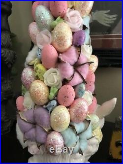 Shabby Chic Ceramic Easter Bunny Glittery Eggs Tree Centerpiece Holiday Decor