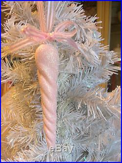 Shabby Pink Glass Icicle Ornament Snow Christmas Rose Bow HP Hand-painted