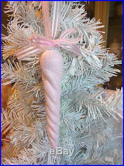 Shabby Pink Glass Icicle Ornament Snow Christmas Rose Bow HP Hand-painted