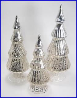 Silver Mercury Glass Tree Shaped Finials Ornaments Tabletop Set of 3 Christmas