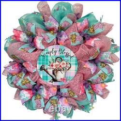 Simply Blessed Spring Watering Can Robin Blue and Pink Wreath Handmade Deco Mesh