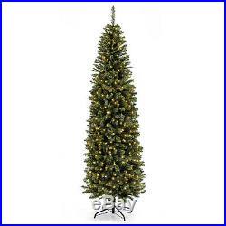 Slim Christmas Tree 7Ft Pre-Lit Hinged Pencil Green Artificial Xmas Tree Stand