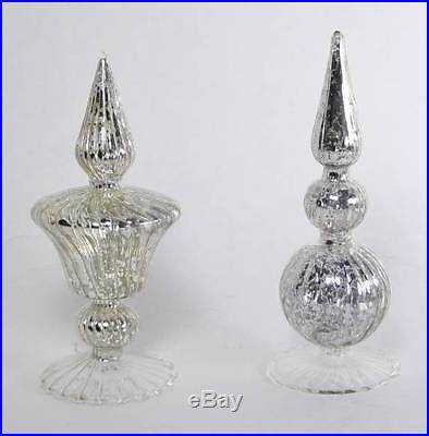 Small Antique Style Silver Mercury Glass Finials Ornaments Tabletop Set of 2