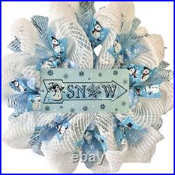 Snow Deco Mesh Wreath With Adorable Snowman Handmade Deco Mesh
