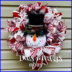 Snowman Mesh Wreath, Red And White Christmas Winter Holiday Door Decor