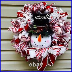 Snowman Mesh Wreath, Red And White Christmas Winter Holiday Door Decor