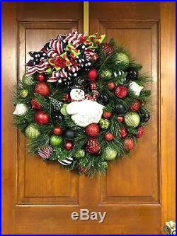 Snowman Wreath Christmas Holiday Winter XL Red White Black Lime Green OUTDOOR