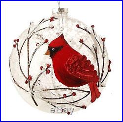 Snowy Red Cardinal & Branches Glass Ball Christmas Tree Ornament 5 Inches