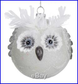 Snowy White Owls with Feathers Christmas Holiday Glass Ornaments Set of 2