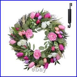 Solar Spring Wreath for Front Door 24inch 50 LED Pre-lit Wreaths Spring Summe