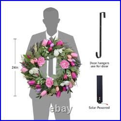 Solar Spring Wreath for Front Door 24inch 50 LED Pre-lit Wreaths Spring Summe