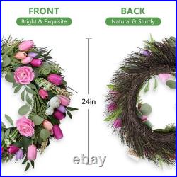 Solar Spring Wreath for Front Door 24inch 50 LED Pre-lit Wreaths Spring Summe