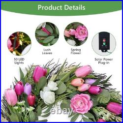 Solar Spring Wreath for Front Door 24inch 50 LED Pre-lit Wreaths Spring Summe