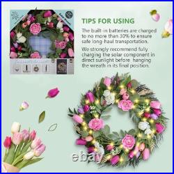 Solar Spring Wreath for Front Door 24inch 50 LED Pre-lit Wreaths Spring Summe