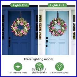 Solar Spring Wreath for Front Door 24inch 50 LED Pre-lit Wreaths Spring Summe