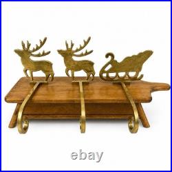 Solid Brass Stocking Holders Reindeer Sleigh Set 3 Long Arm Christmas Mantel