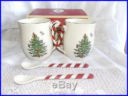 Spode Christmas Tree 2 Peppermint Handle Mugs with Spoons New in Orig Box