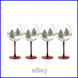 Spode Christmas Tree Glass Wine Goblet with Red Stem Set of 4 Serveware, New