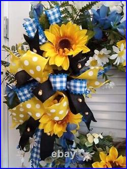 Spring/Summer Bumblebee Wreath With Bow For Front Door, Indoor Decor