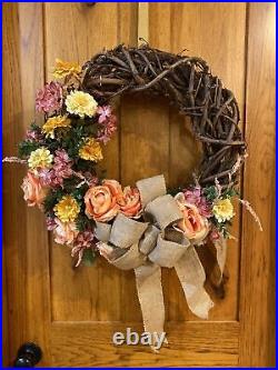 Spring Wreath for Front Door Handmade Bow With Silk Flowers Large