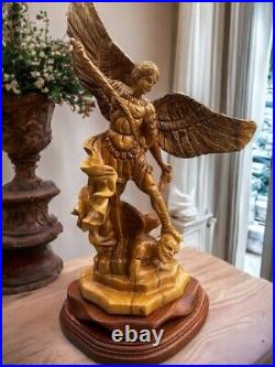 St. Michael The Archangel Defeating Satan Statue Wooden Hand Carved, 17 Large