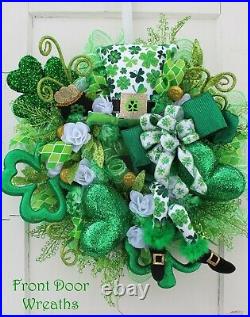 St Patty’s Patricks Day Wreath Big Green Hearts handmade Leprechaun Hat and Legs