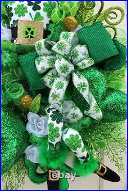 St Patty's Patricks Day Wreath Big Green Hearts handmade Leprechaun Hat and Legs