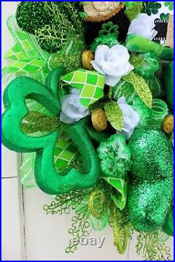 St Patty's Patricks Day Wreath Big Green Hearts handmade Leprechaun Hat and Legs