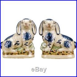 Staffordshire Style Pair of Blue Porcelain Rabbits/Bunny Hares 8” x 8”H