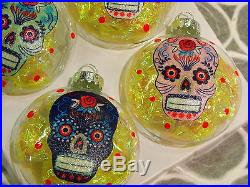 Sugar Skulls Decorated Glass Christmas Ornaments Set of 4