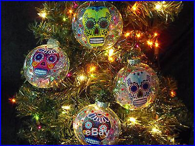 Sugar Skulls Decorated Glass Christmas Ornaments Set of 4