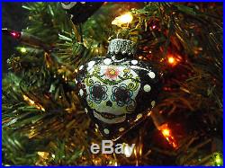 Sugar Skulls Decorated Glass Heart Christmas Ornaments Set of 6