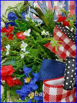 Summer Floral Grapevine Wreath for Front Door, Patriotic Wreath, Handmade Wreath