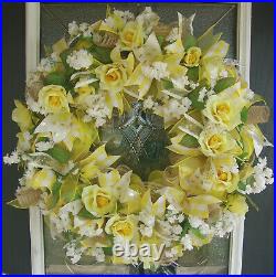 Sunny Yellow Rose Floral Spring Summer Deco Mesh Front Door Wreath, Home Decor