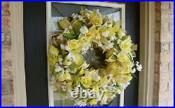 Sunny Yellow Rose Floral Spring Summer Deco Mesh Front Door Wreath, Home Decor