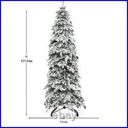 TAUS 9FT Pre-Lit Flocked Pencil Spruce Artificial Christmas Tree with Pine Cone