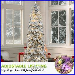 TAUS 9FT Pre-Lit Flocked Pencil Spruce Artificial Christmas Tree with Pine Cone
