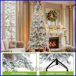 TAUS 9FT Pre-Lit Flocked Pencil Spruce Artificial Christmas Tree with Pine Cone