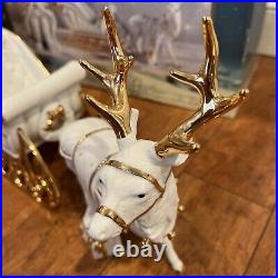 TRADITIONS White Porcelain Santa with Sleigh & Reindeer Gold Color Accents With Box
