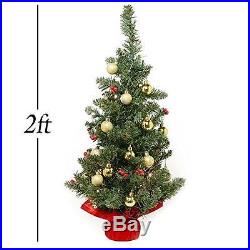 Tabletop 2' Christmas Tree Battery operated LED lights red berries gold balls